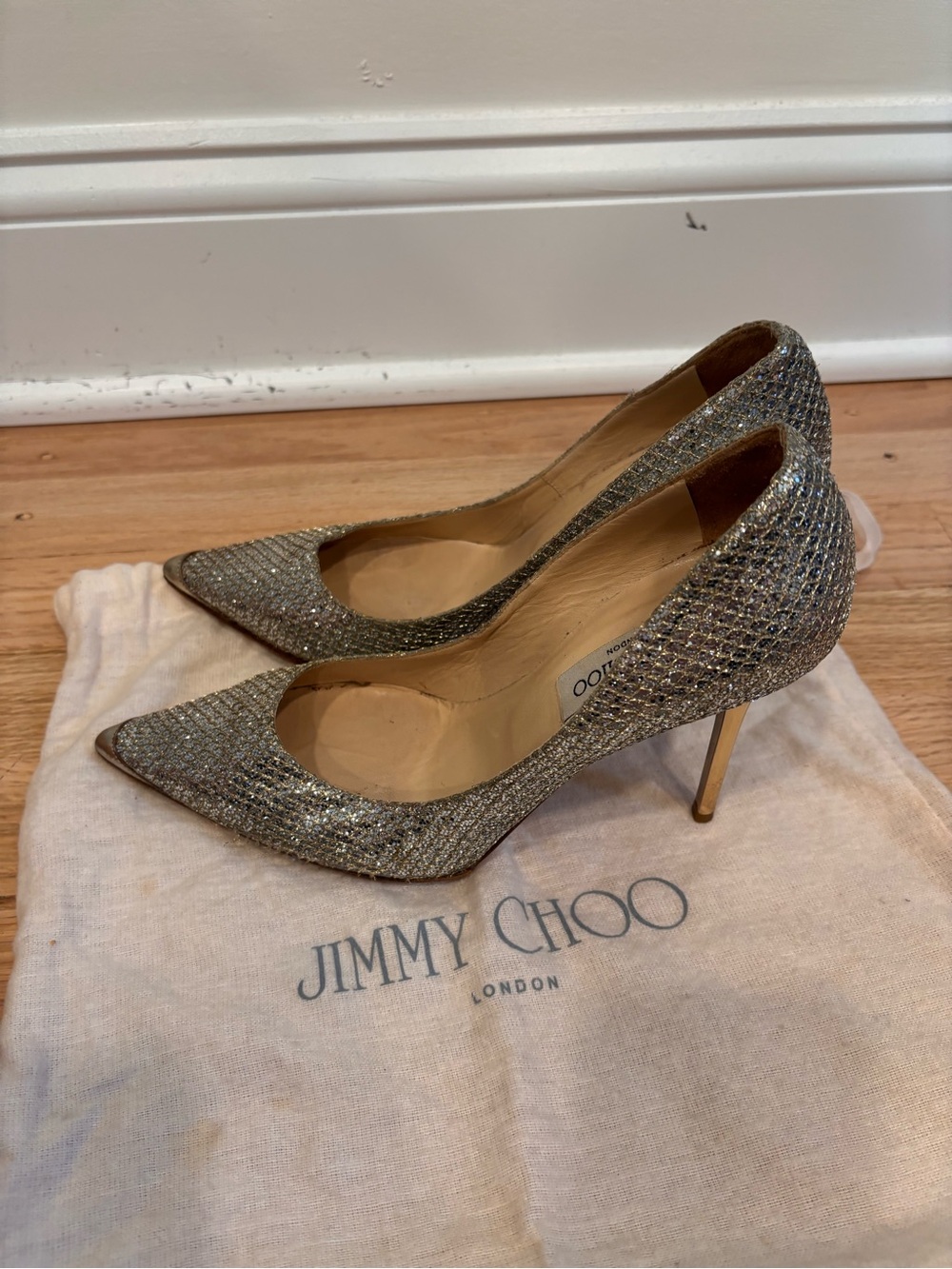 Jimmy Choo 100mm Abel Glitter Pointed Toe Pumps Heels Gold/Silver Champagne sz38 - Picture 3 of 13